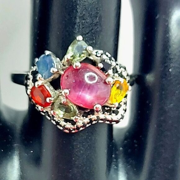 Unheated Natural Ruby 9×7 mm & Black‎ Spinel 925 Sterling Silver Ring Sz 6.5 - Picture 4 of 5